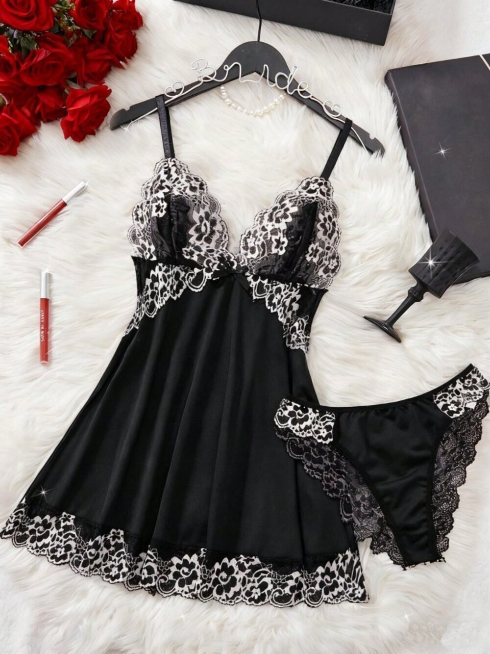 Black Women's Contrast Lace Sleepwear Set nightgown nighty